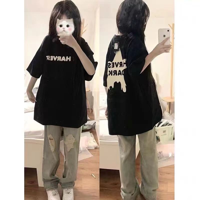 100%純棉美式復古短袖t恤女學生夏季新款寬鬆慵懶風百搭上衣ins潮