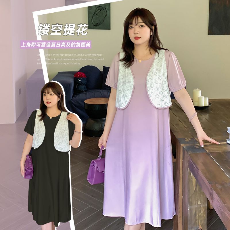 2023夏季新款大碼女裝泡泡袖胖mm甜美多巴胺鏤空提花套裝裙A50