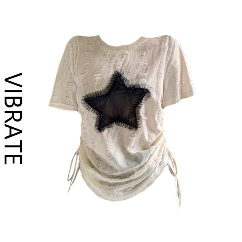 VIBRATE Korean version of the niche design star short-sleeved T-shirt female summer American retro hot girl drawstring top
