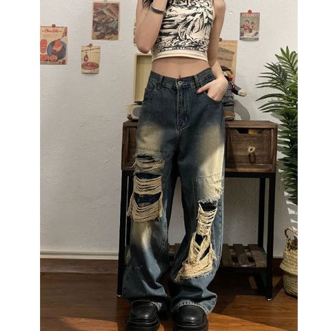 美式小眾設計感破洞牛仔褲女春夏高腰顯瘦辣妹高街寬鬆垂感闊腿褲