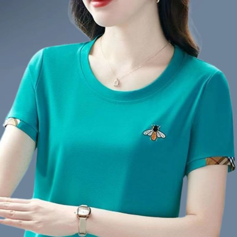 撿漏~外貿尾單大牌剪標撤櫃圓領短袖t恤女洋氣中老年媽媽上衣
