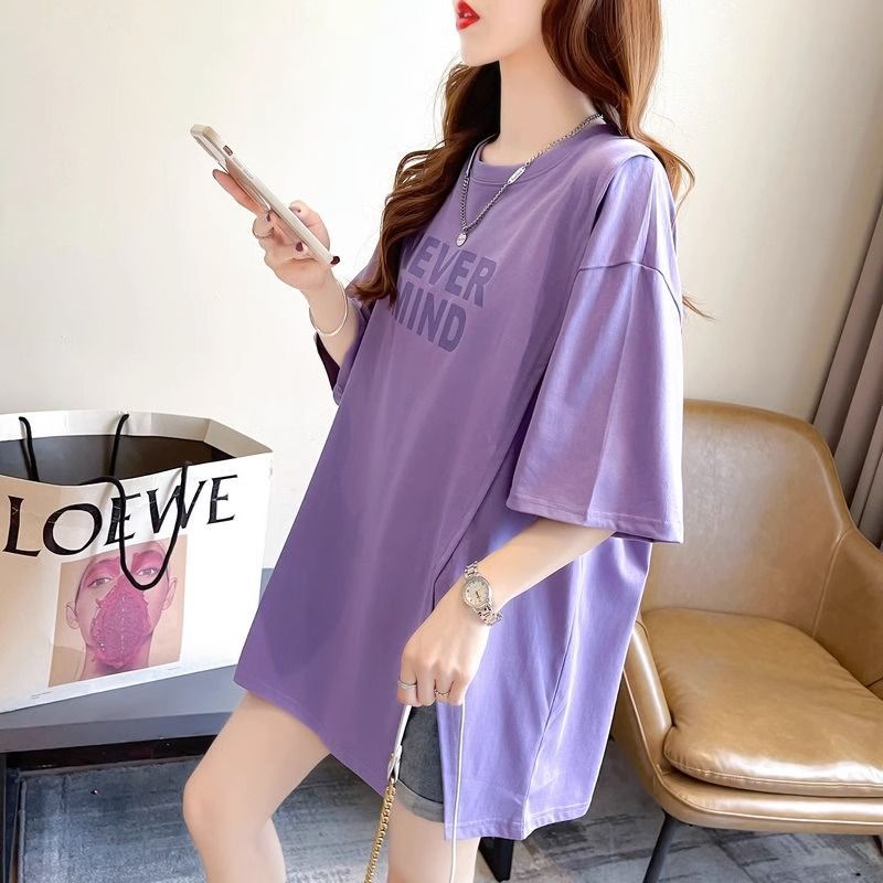 Side slit asymmetrical design short-sleeved t-shirt women's ins tide mid-length bottom missing butt cover top summer dress