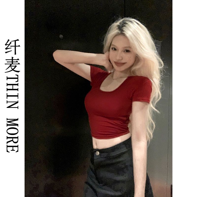 纖麥THIN MORE辣妹短袖t恤女新款修身顯瘦設計感夏季短款上衣韓版