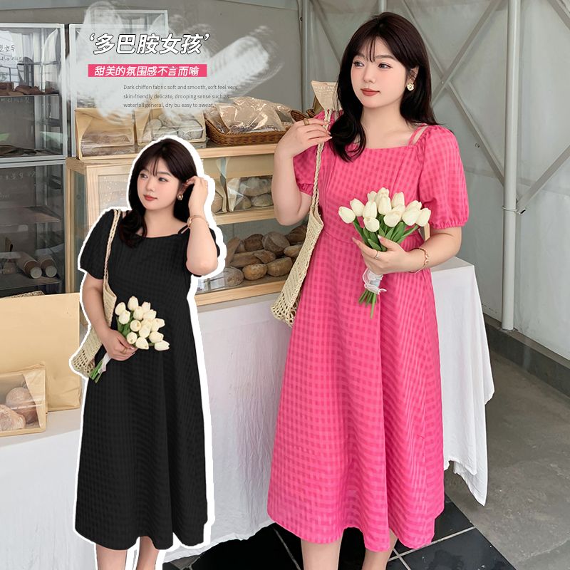 2023夏季洋氣新款大碼女裝方口領胖mm多巴胺甜美風顯瘦連衣裙A57
