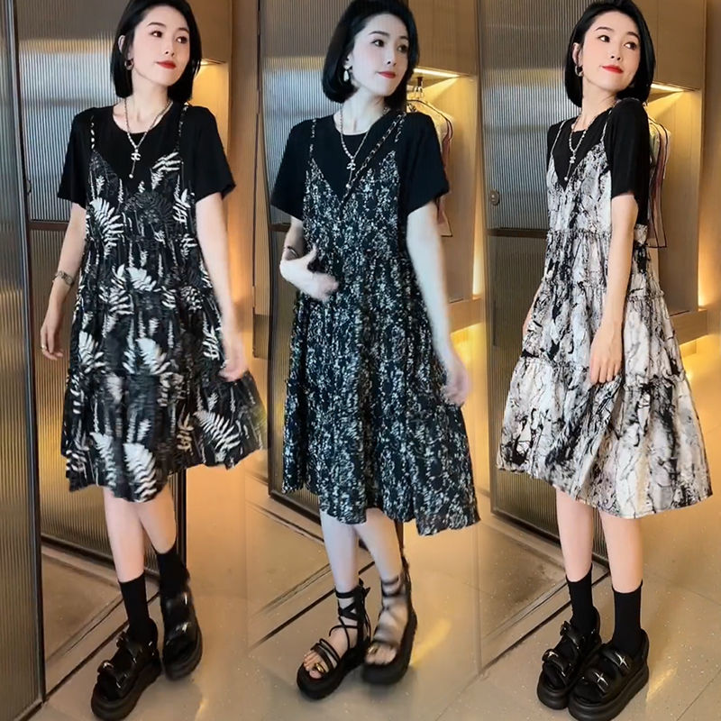 藍海奕短袖寬鬆假兩件吊帶碎花連衣裙女2023夏季收腰顯瘦中長裙子