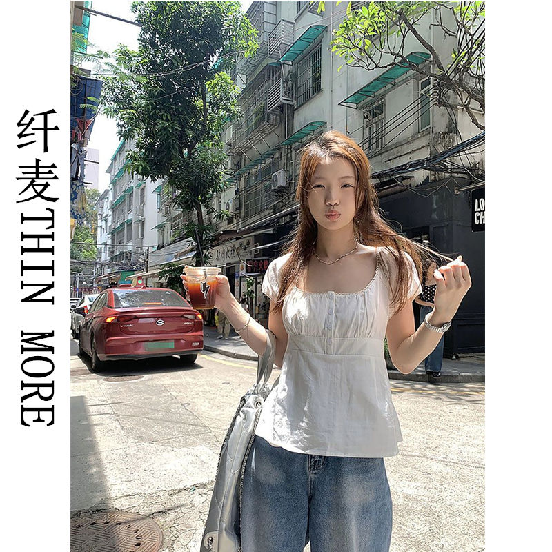 纖麥THIN MORE溫柔風氣質短袖襯衫夏季女新款設計感方領法式上衣