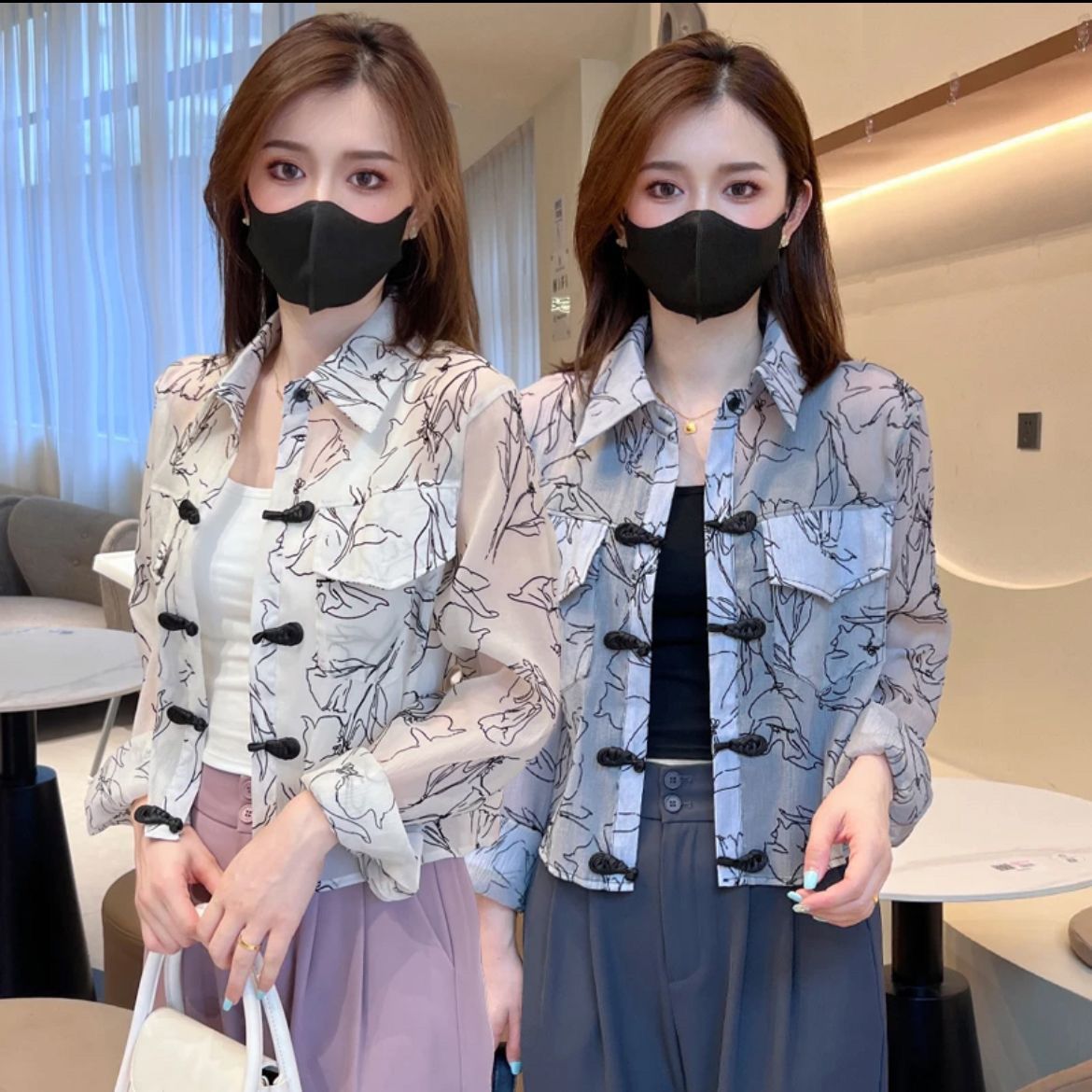 薄款襯衣休閒寬鬆女上中國風防曬衣盤扣印花2023夏季新款短款衣