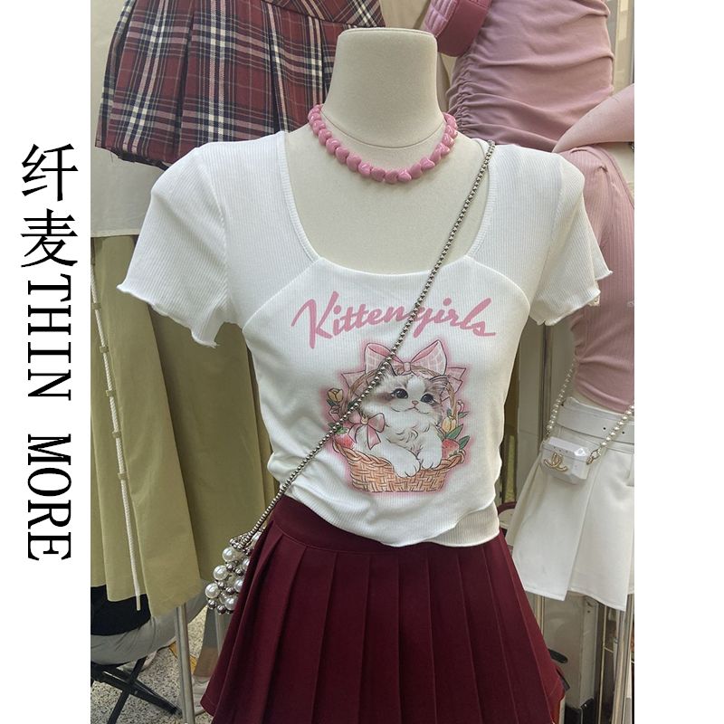 Fianmai THIN MORE summer new slim fit short square collar cat print short-sleeved T-shirt women's tops Korea