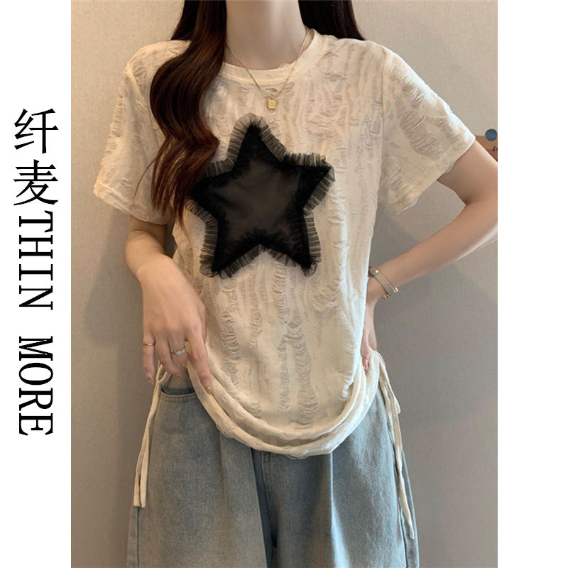 Fianmai THIN MORE summer women's new short-sleeved design niche round neck t-shirt covers the flesh and looks slimming right shoulder top