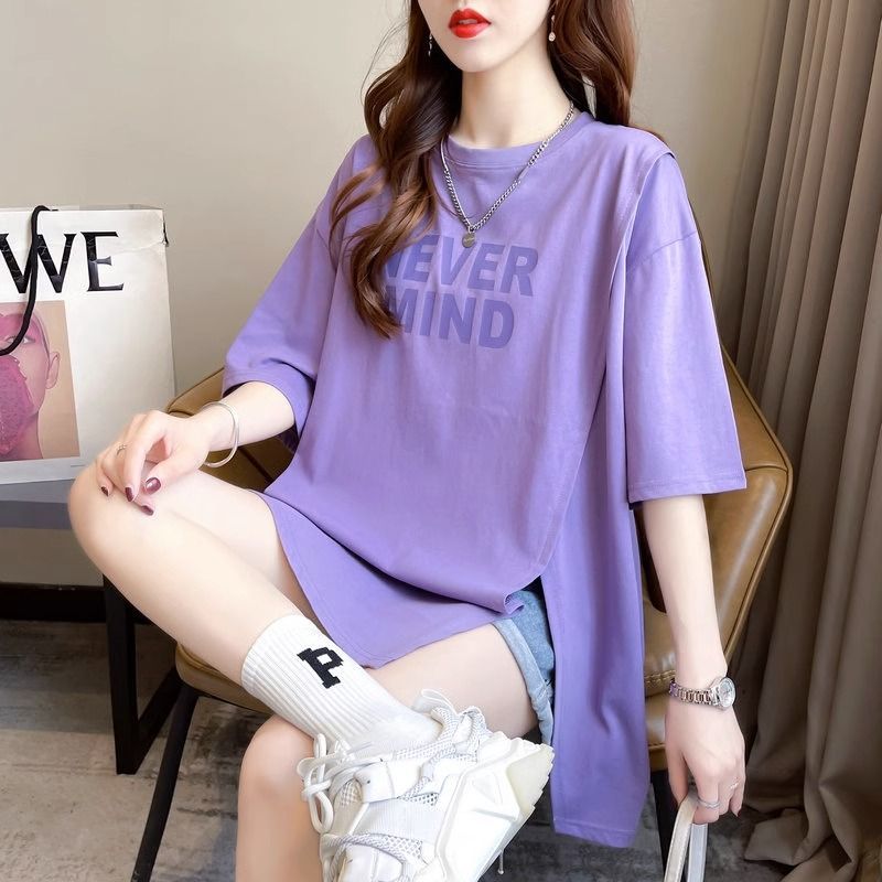 Lavender thin section irregular cover big belly loose t-shirt short-sleeved t-shirt female small summer clothes