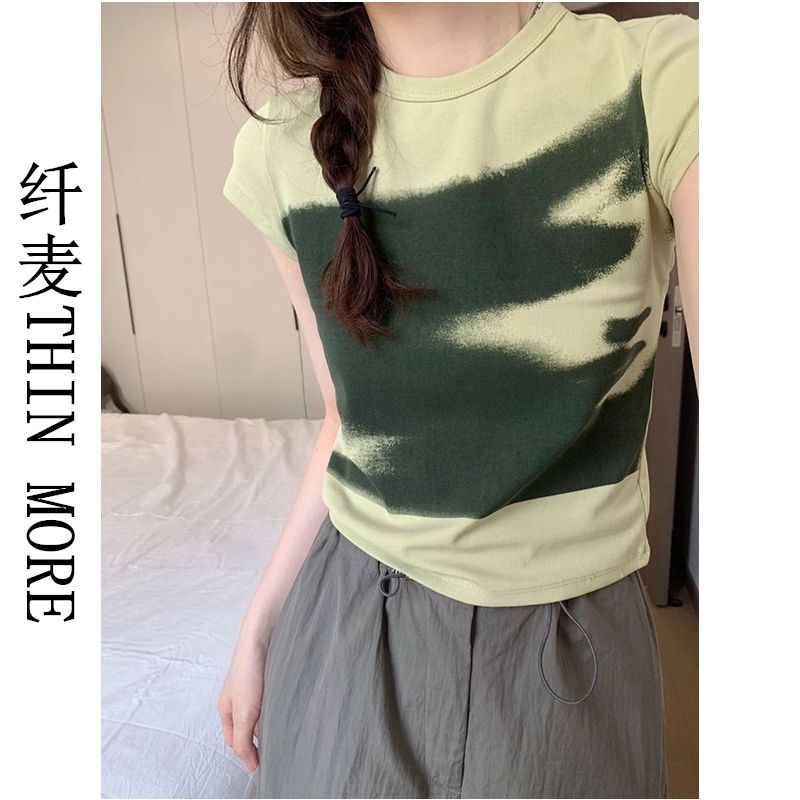 Fianmai THIN MORE right shoulder short-sleeved T-shirt women's new summer design niche short sweet and spicy top Korean