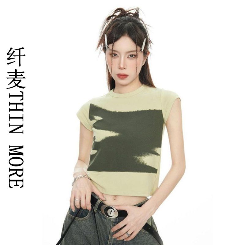 Fiber wheat THIN MORE right shoulder short-sleeved T-shirt women's summer slimming and navel-baring design niche short top