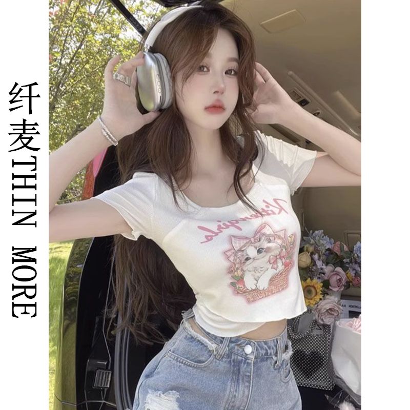 Fianmai THIN MORE hot girl short top with cartoon cute cat, right shoulder short-sleeved t-shirt for women, niche design