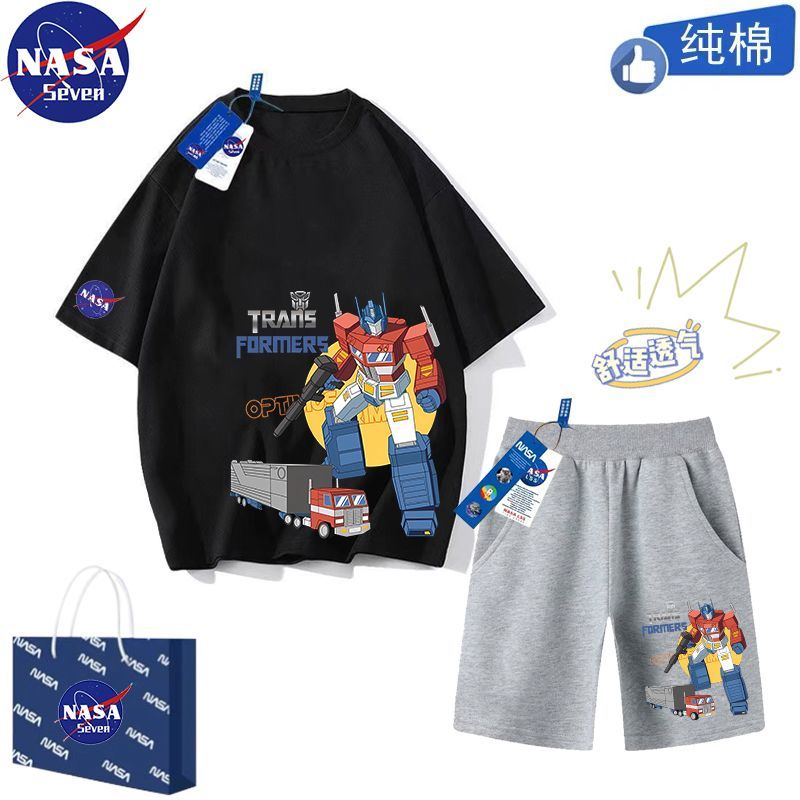 NASA joint Transformers suit boys summer cotton T-shirt Optimus Prime short-sleeved shorts children's two-piece set