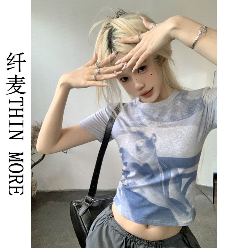 Fianmai THIN MORE niche smudged printed short-sleeved T-shirt women's summer slimming short crop top Korean