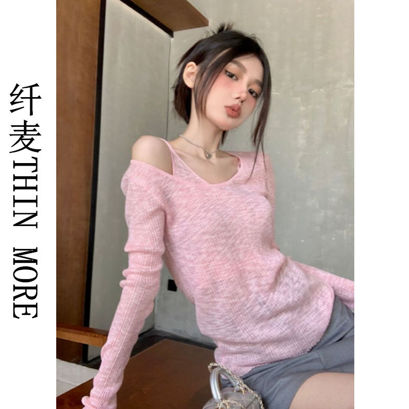 Fianmai THIN MORE design fake two-piece hollow long-sleeved women's summer thin slim fit top Korean