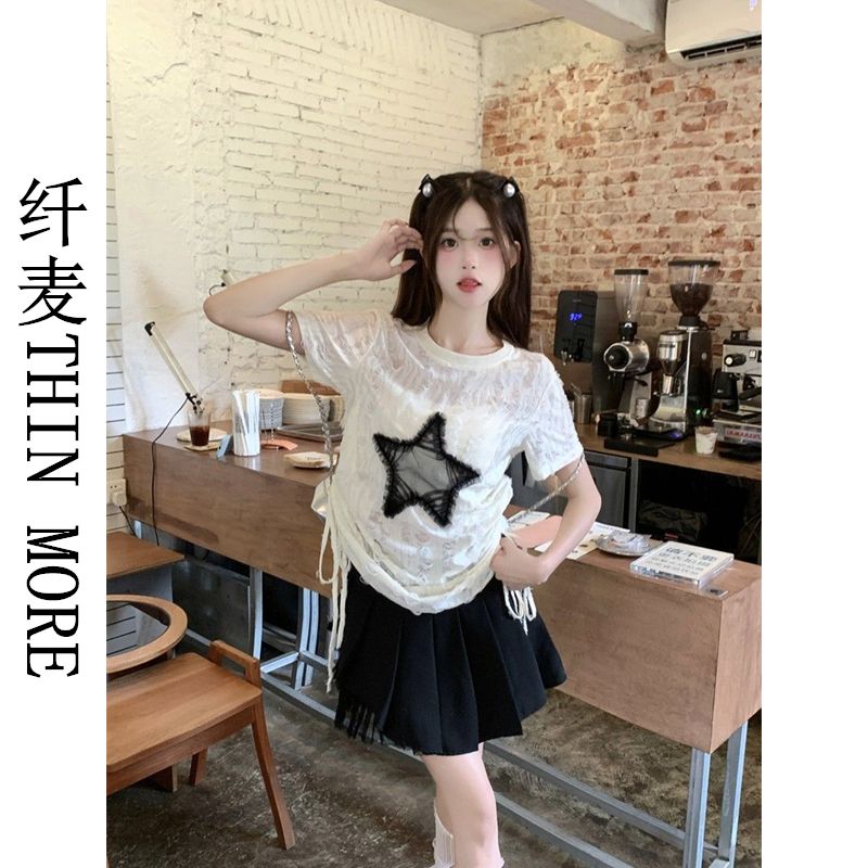 纖麥THIN MORE星星美式短上衣正肩小眾設計感微透薄款抽繩T恤女裝