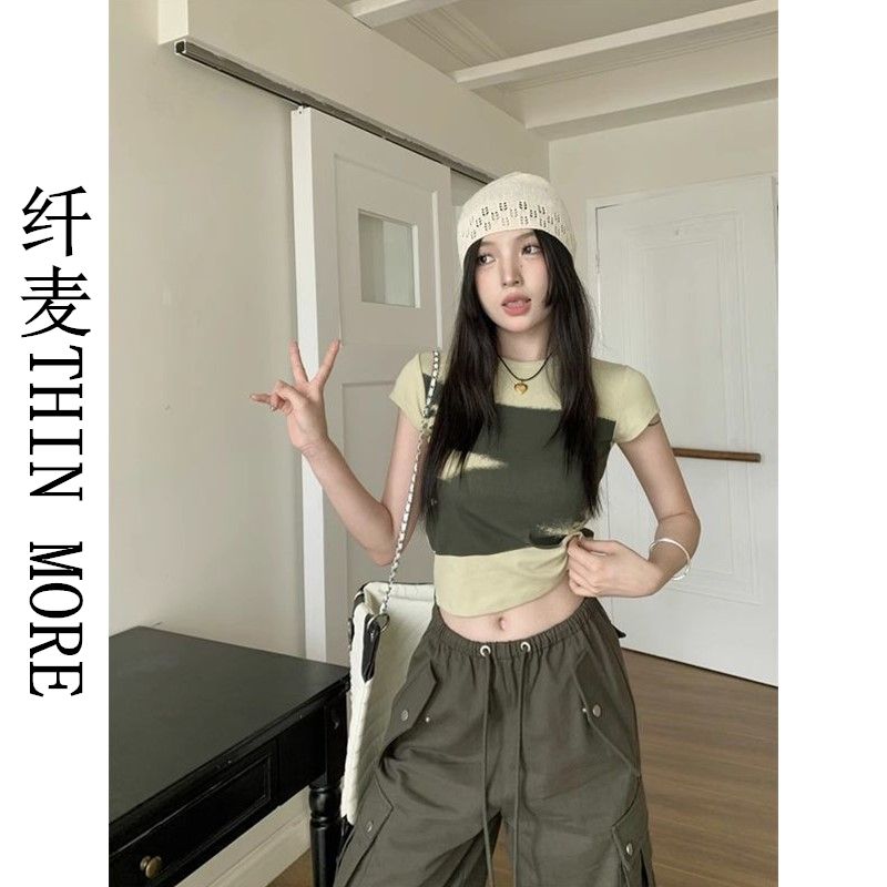 纖麥THIN MORE復古正肩短袖t恤女夏辣妹扎染拼色短款修身顯瘦上衣