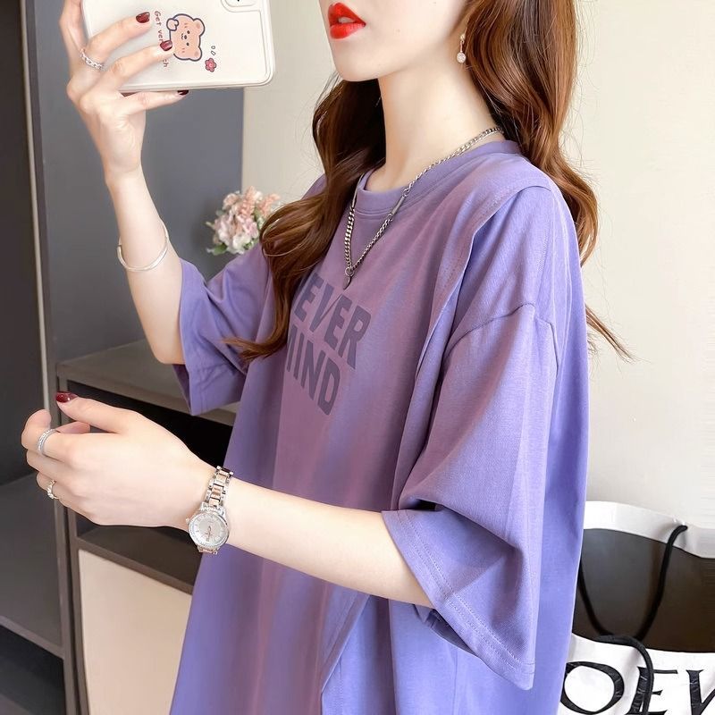 Side slit asymmetrical design short-sleeved t-shirt women's ins tide mid-length bottom missing butt cover top summer dress