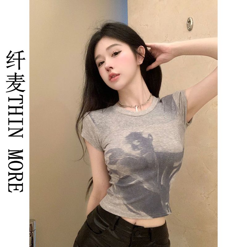 Fiber wheat THIN MORE printed short-sleeved T-shirt women's design niche summer slim-fitting short slim American top