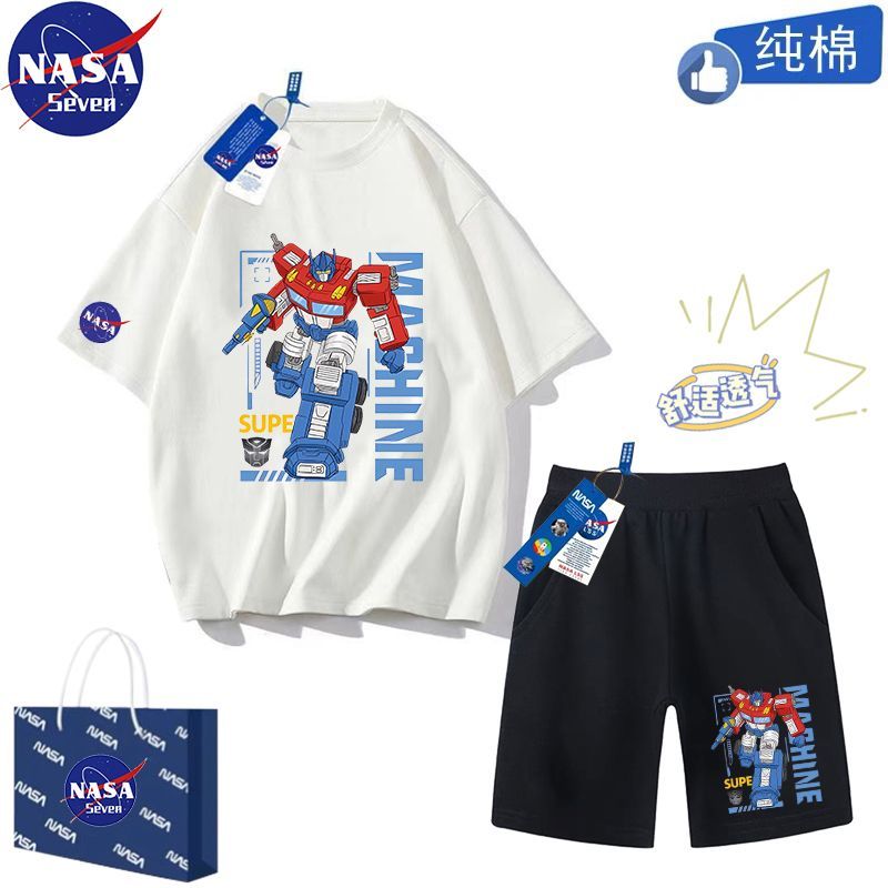 NASA聯名變形金剛兒童套裝夏季純棉T恤男卡通擎天柱短袖短褲童裝