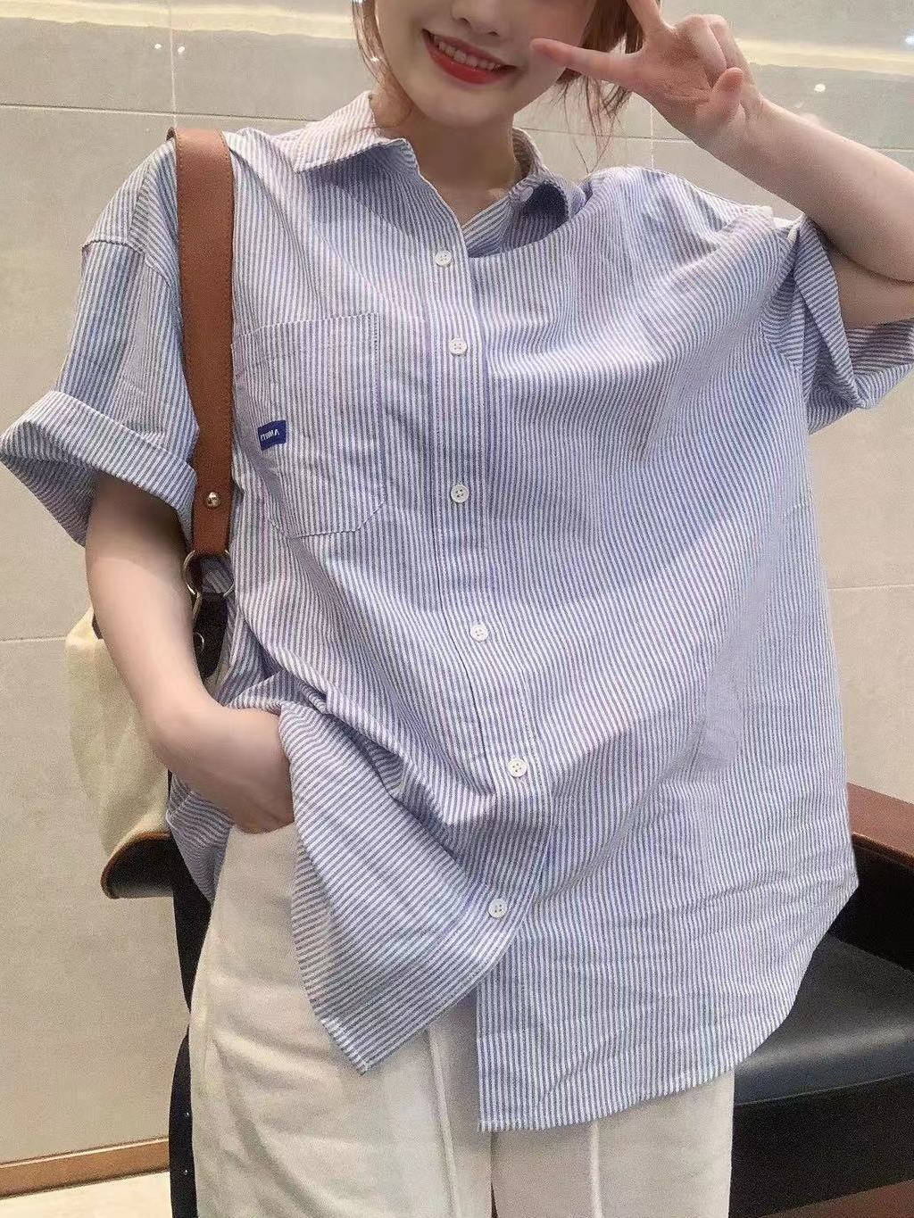夏季個性時尚polo領襯衫短袖女復古ins寬鬆休閒襯衣外穿百搭上衣