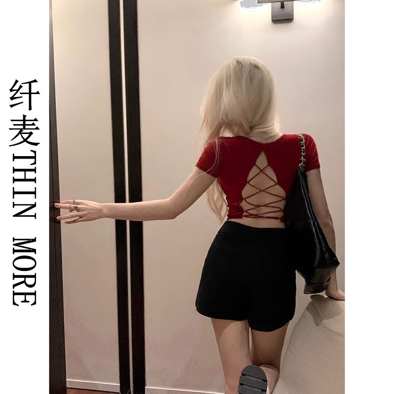 Fianmai THIN MORE hot girl short-sleeved T-shirt women's summer new style back hollow straps backless temperament top Korean