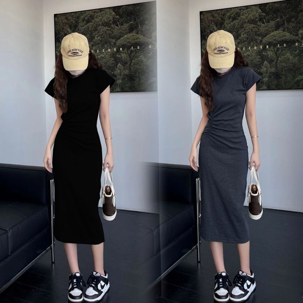 灰色法式收腰辣妹修身連衣裙慵懶風百搭小個子T恤長裙包臀裙女夏