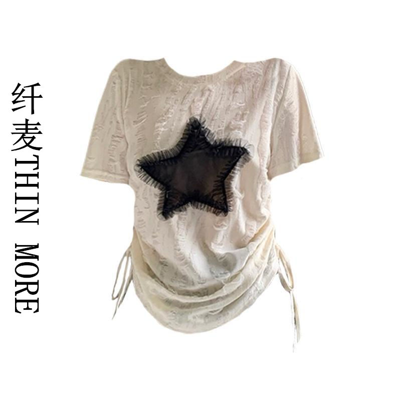Fianmai THIN MORE niche design star short-sleeved T-shirt women's summer American retro hottie drawstring top