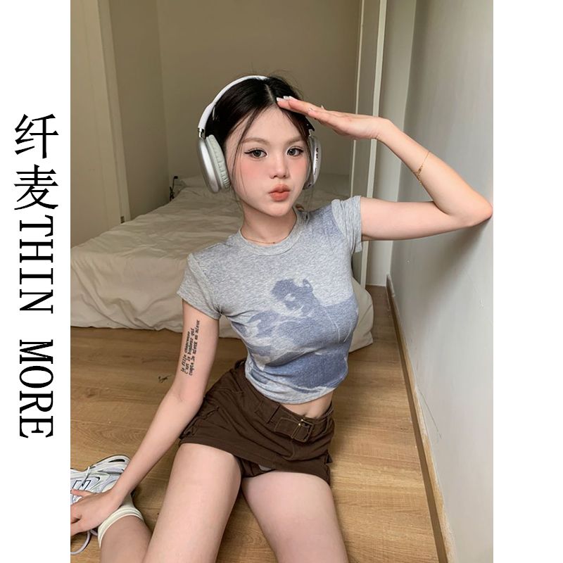 Fianmai THIN MORE printed short-sleeved T-shirt women's summer new retro hot girl slimming short top