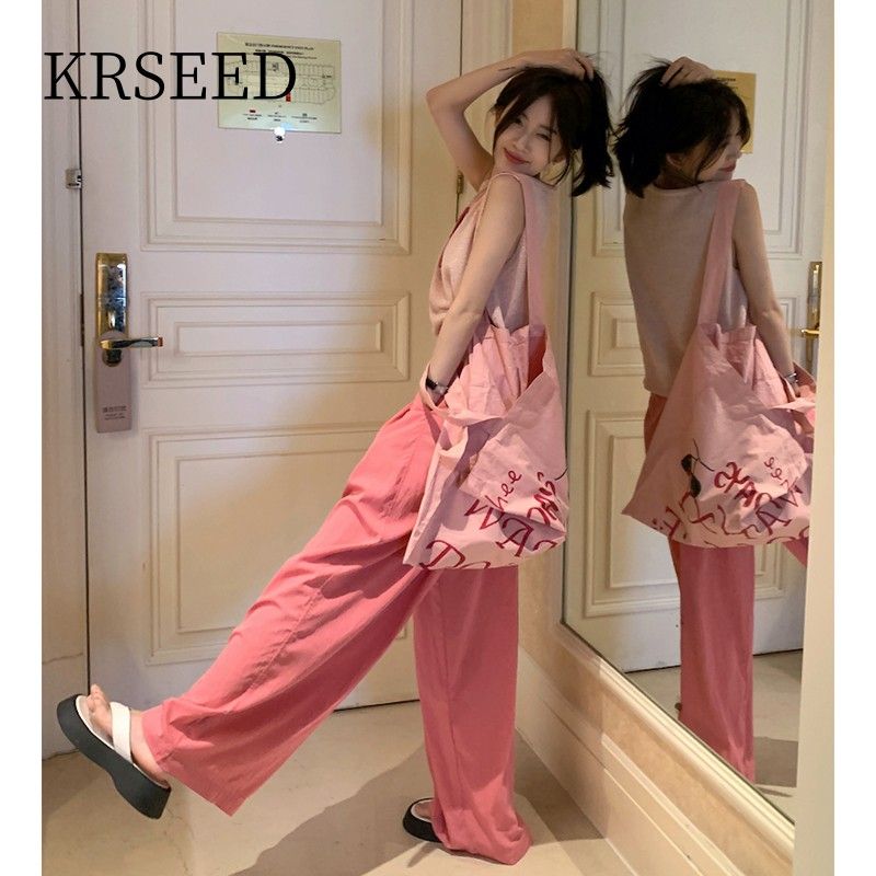 KRSEED pink fashion suit women's summer thin section net red fried street age reduction sleeveless wide-leg pants two-piece trendy