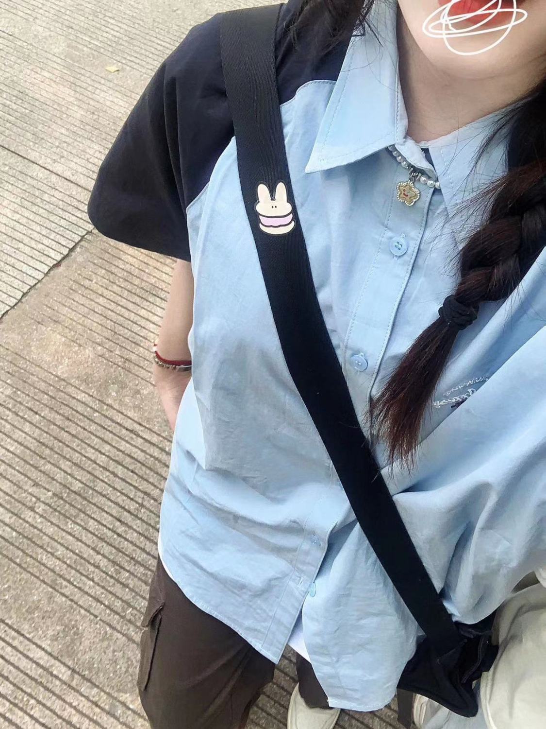 夏季新款撞色拼接插肩袖襯衫短袖女寬鬆休閒襯衣外穿復古ins上衣