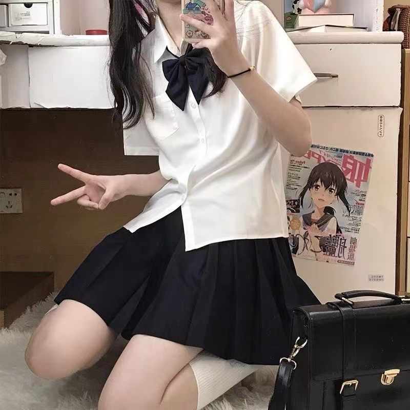 新款JK襯衫女學生學院韓版寬鬆短袖純色基礎款百搭襯衣白色上衣