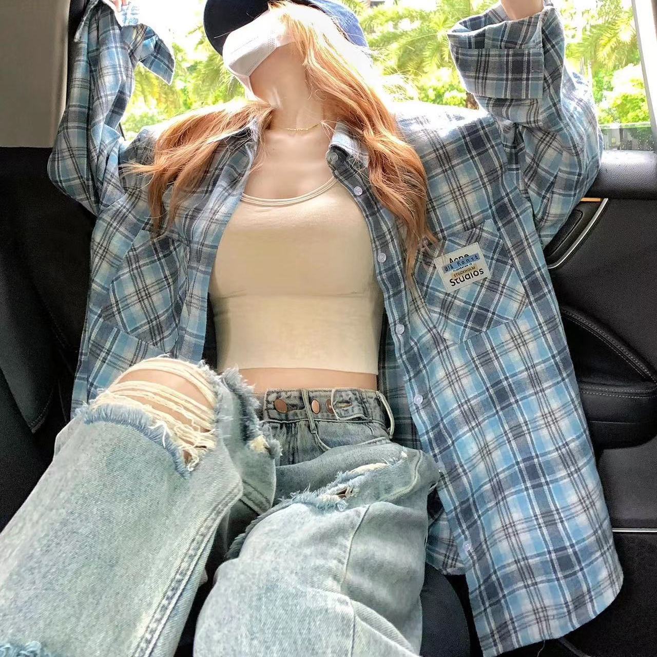 夏季薄款貼標藍色格子襯衫外穿女寬鬆休閒襯衣防曬開衫百搭上衣潮