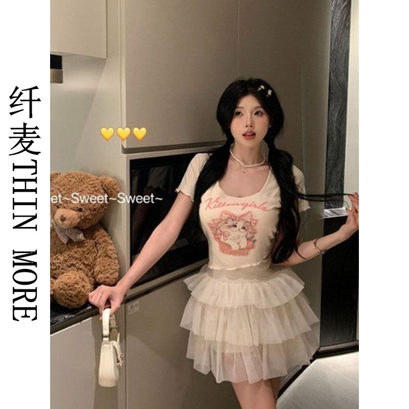 纖麥THIN MORE甜辣妹貓咪印花短袖t恤女夏季不規則設計感短款上衣