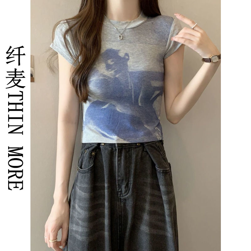 纖麥THIN MORE復古扎染短袖t恤女夏季新款女裝修身顯瘦短款上衣女