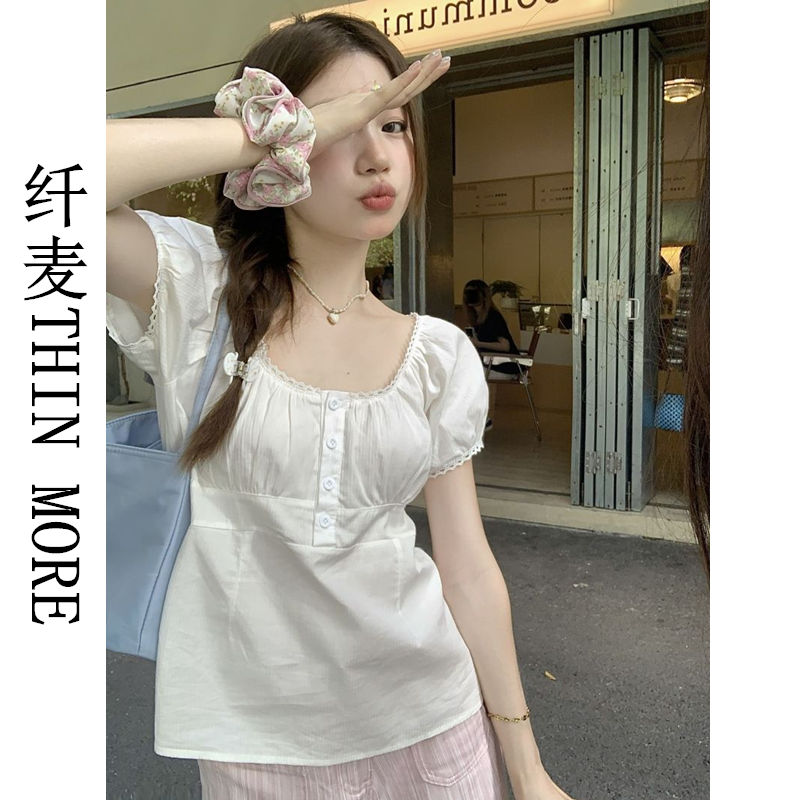 纖麥THIN MORE甜美風泡泡短袖夏新款溫柔氣質修身短款方領上衣女