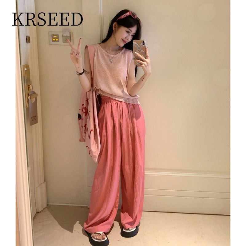 KRSEED pink fashion suit women's summer thin section net red fried street age reduction sleeveless wide-leg pants two-piece trendy