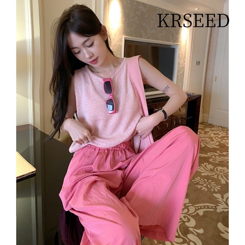 KRSEED pink fashion suit women's summer thin section net red fried street age reduction sleeveless wide-leg pants two-piece trendy