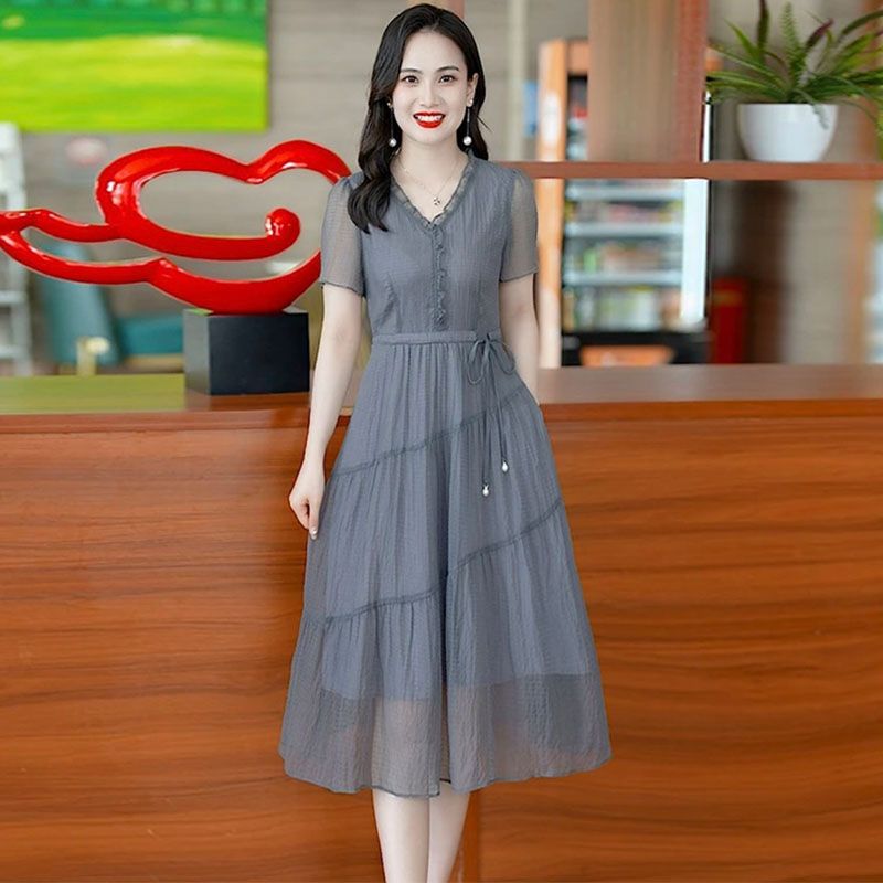 高端短袖連衣裙女2023夏季新款時尚洋氣優雅顯瘦遮肉中長款裙子