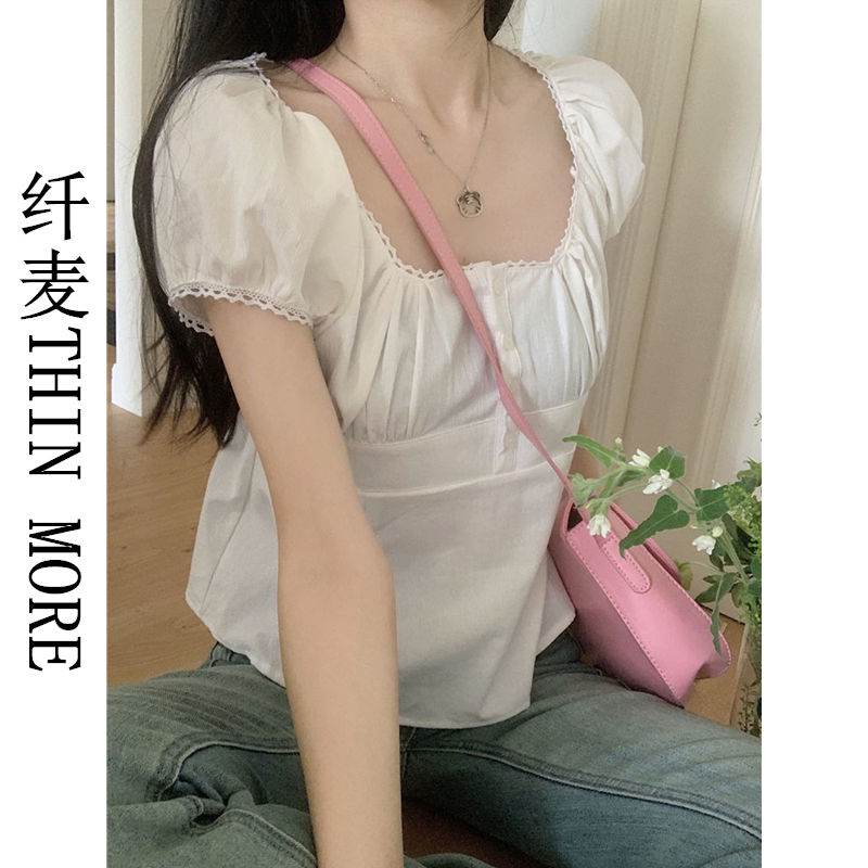 纖麥THIN MORE溫柔風方領泡泡袖襯衫女夏季寬鬆休閒顯瘦短款上衣