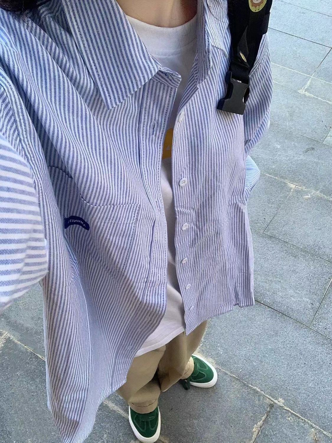夏季復古chic貼標長袖條紋襯衫女港風寬鬆休閒襯衣外穿百搭上衣潮