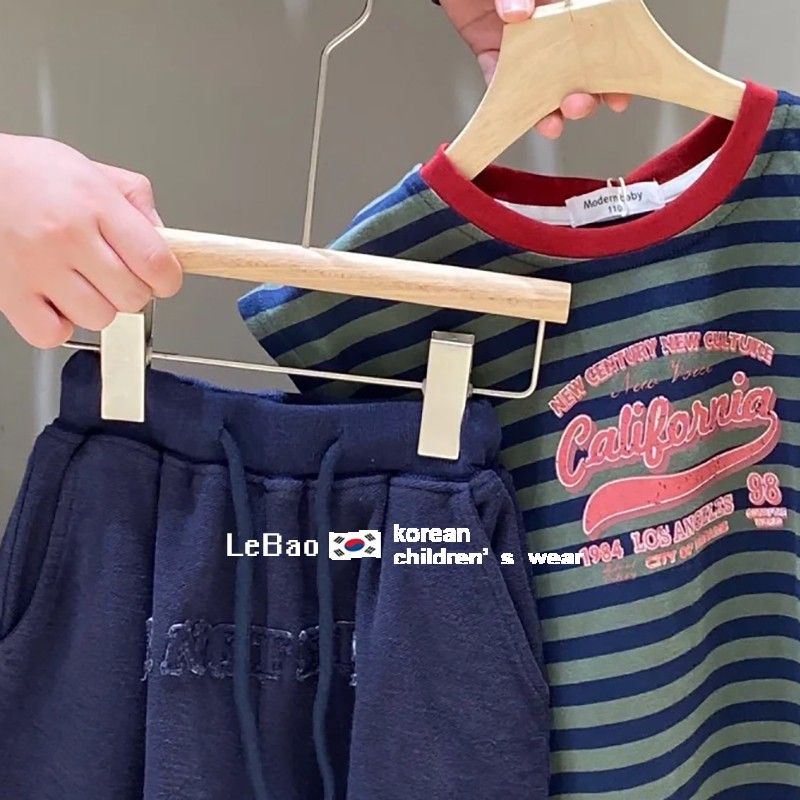 韩版童装男童夏装套装儿童洋气时髦条纹背心宝宝休闲短裤两件套潮