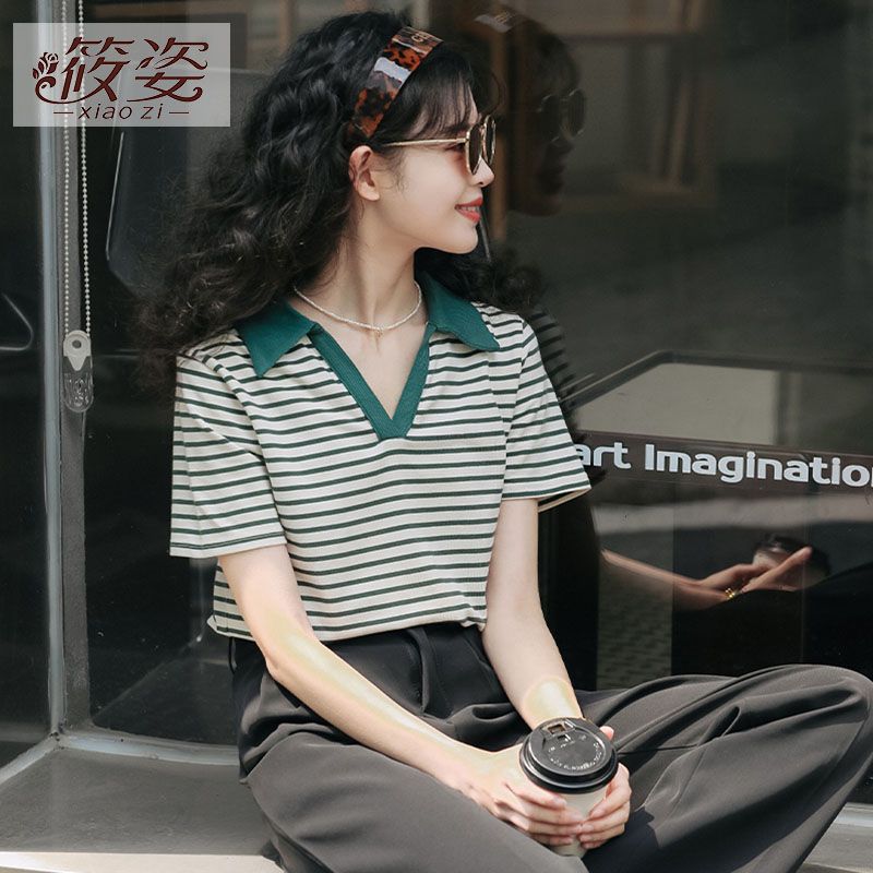 筱姿POLO領條紋t恤女純棉寬鬆韓系短袖女裝新款2023夏季顯瘦上衣