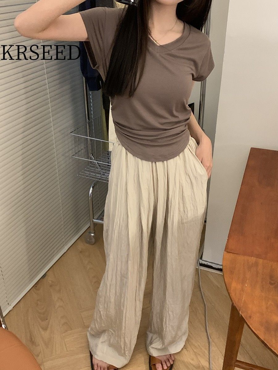 KRSEED夏季茶系穿搭一整套小個子活潑梨形身材顯瘦遮肉兩件套裝女