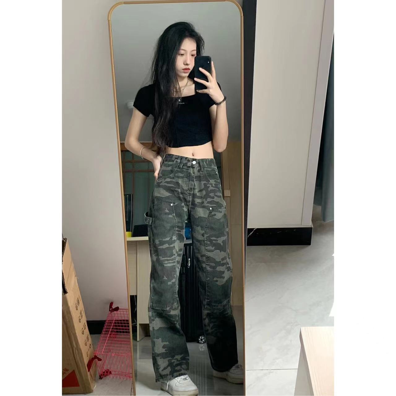 美式辣妹迷彩牛仔褲女爵士舞蹈褲子寬鬆闊腿拖地長褲網紅百搭氣質