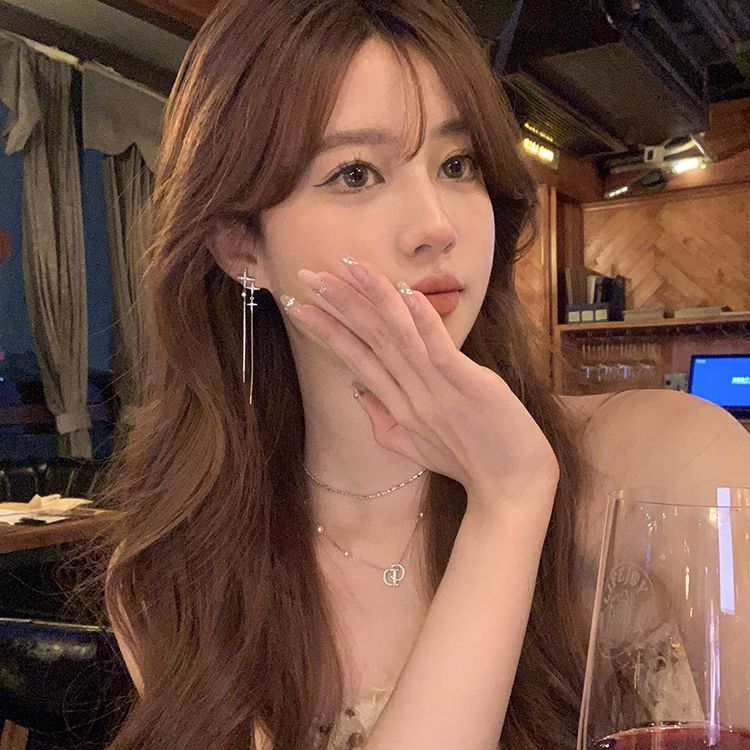 純銀耳釘不規則十字星流蘇耳環銀針氣質女長款2023新款爆款耳飾