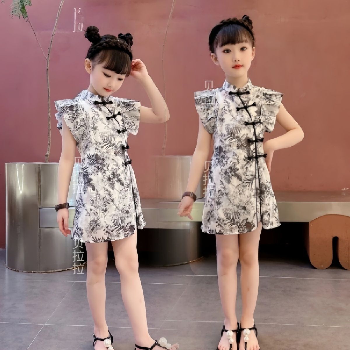 女童新中式国风套装2023年夏新款盘扣开叉上衣松紧腰短裤两件套