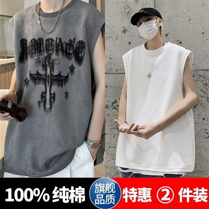 麂皮絨無袖背心男夏季2023新款美式復古寬鬆大碼高街潮牌坎肩t恤