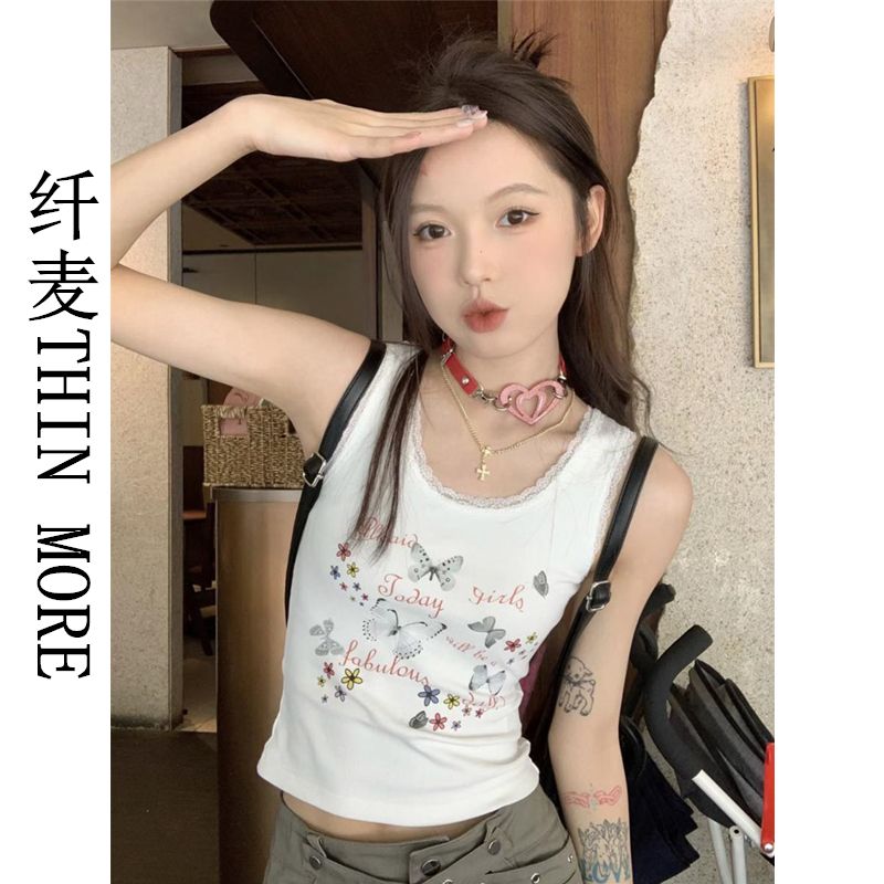 Fianmai THIN MORE Lace Spliced ​​Butterfly Print American Sweet Hot Girl Short Elastic Tank Top Suspender